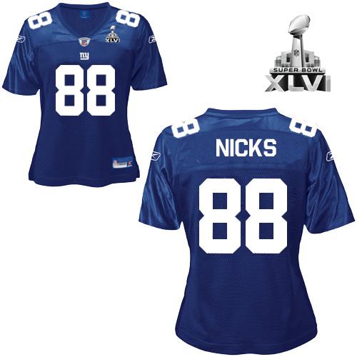 Giants #88 Hakeem Nicks Blue Women's Team Color Super Bowl XLVI Stitched NFL Jersey